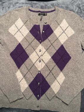 Apt. 9 Gray, Purple and Cream Argyle Button Cardigan cashmere